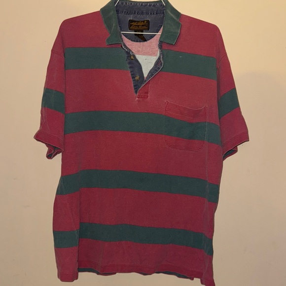 Eddie Bauer VTG XL Tall Faded Casual Striped Polo Shirt - Red and Green - Picture 1 of 3